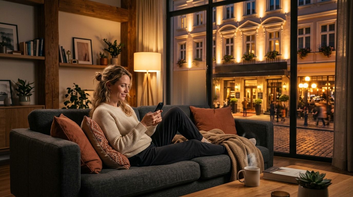 Ein Gast sitzt abends auf dem Sofa und fragt auf dem Handy einen KI-Assistenten nach Tipps für den Abend